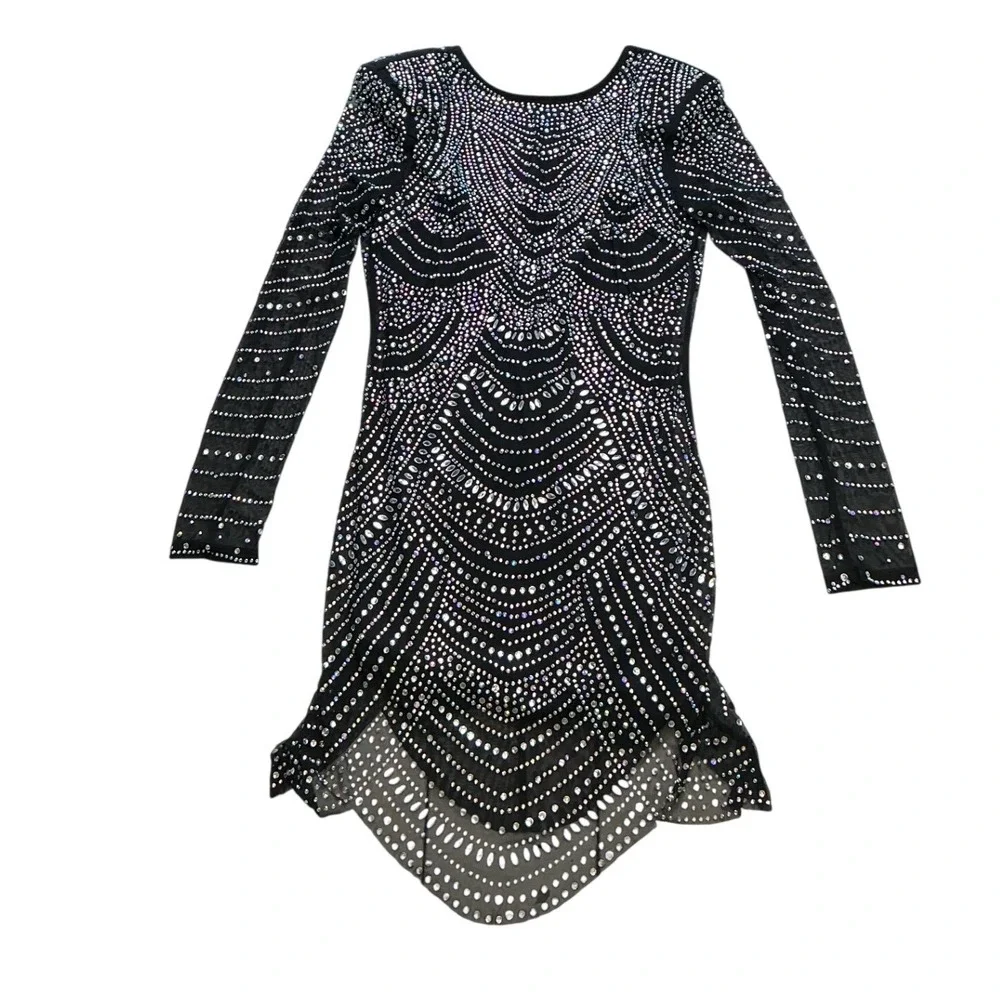 Banjul Womens Black Rhinestone Long Sleeve Open Back Cocktail Dress BCCDS23868 S - Picture 2 of 7
